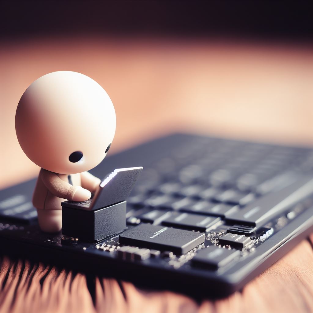 Toy figure messing with a keyboard